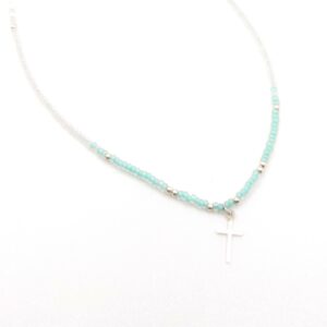 Aqua and silver beaded cross necklace